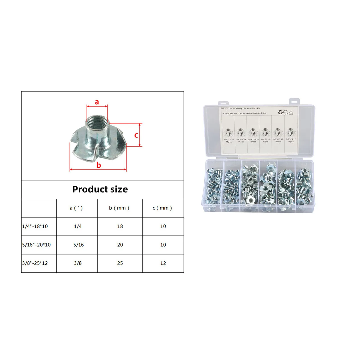 80 Pcs FOUR PRONGED T NUTS CAPTIVE THREADED INSERTS FOR WOOD FURNITURE Galvanized inch 1/4 5/16 3/8