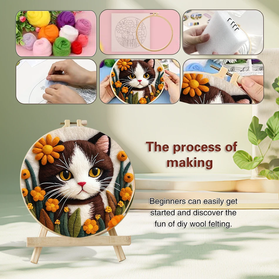 20x20cm Needle Felting Starter Kit With Embroidery Frame Cat Painting Wool Felting Kit for Beginners Adult DIY Handicraft