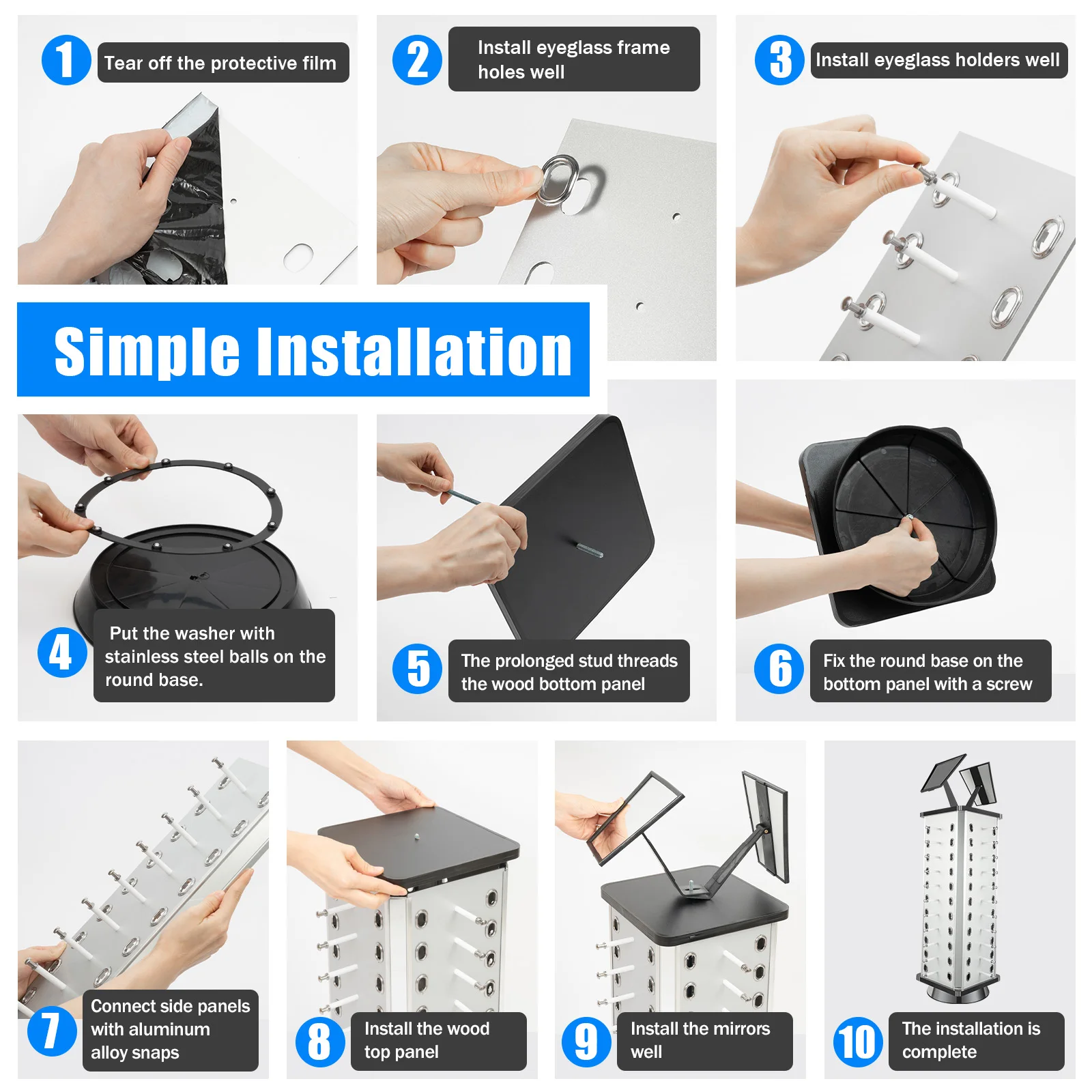 44 زوجًا من حامل منظم النظارات الشمسية، حامل عرض النظارات، حامل أرفف مكبرة مع مرآة 360 درجة °   عرض خطاف تعليق دوار