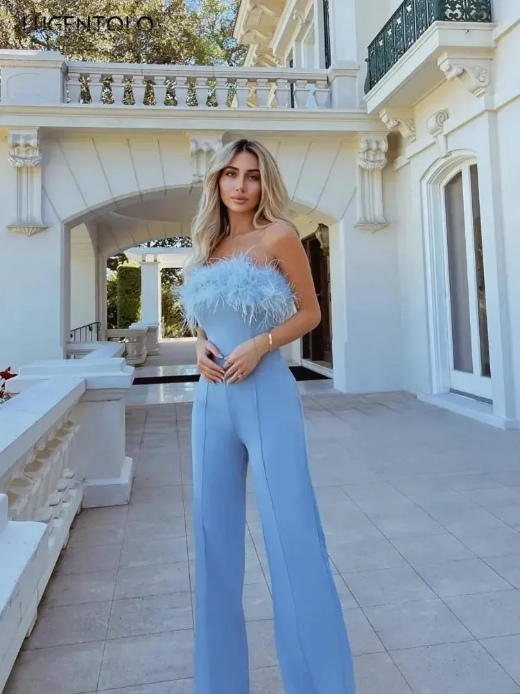 

Женские сексуальные комбинезоны с перьями и запахом на груди, топ-труба, весна-лето, вечерние женские элегантные однотонные повседневные брюки без рукавов с высокой талией