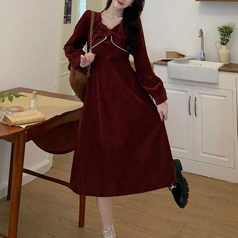 Corduroy Stylish Bow Beading Dresses Female Clothing French Style A-Line Waist Autumn Winter Vintage Elegant V-Neck Midi Dress