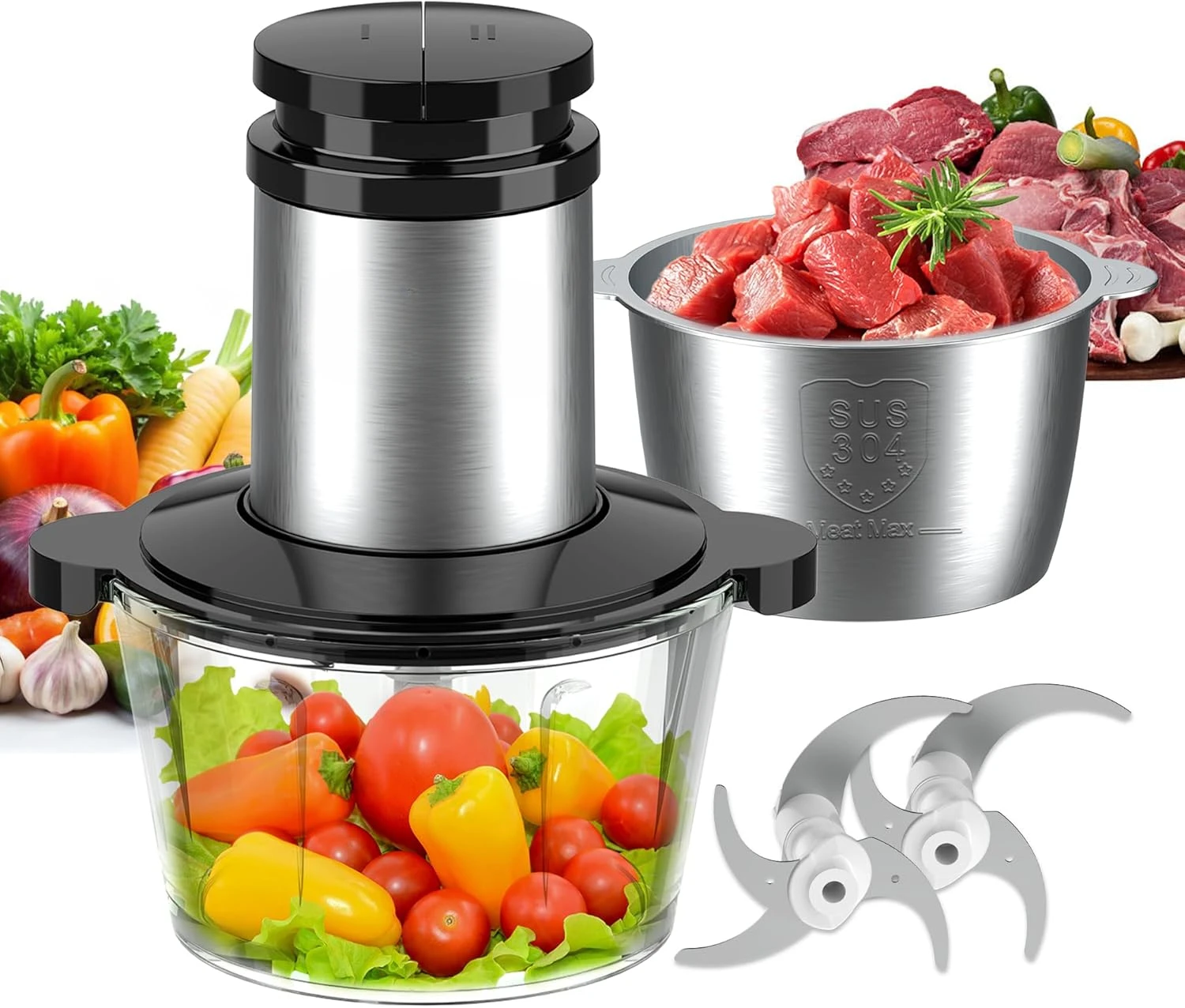 Food Processor - 500W Powerful Motor Electric Meat Grinder, 2 Stainless Steel Bowls (8 Cup Each)