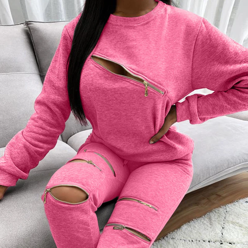 BKLD Fall Trendy Casual Women Solid Color Zipper Patchwork 2 Piece Tracksuit Streetwear O Neck Long Sleeve Sweatshirt+Full Pants