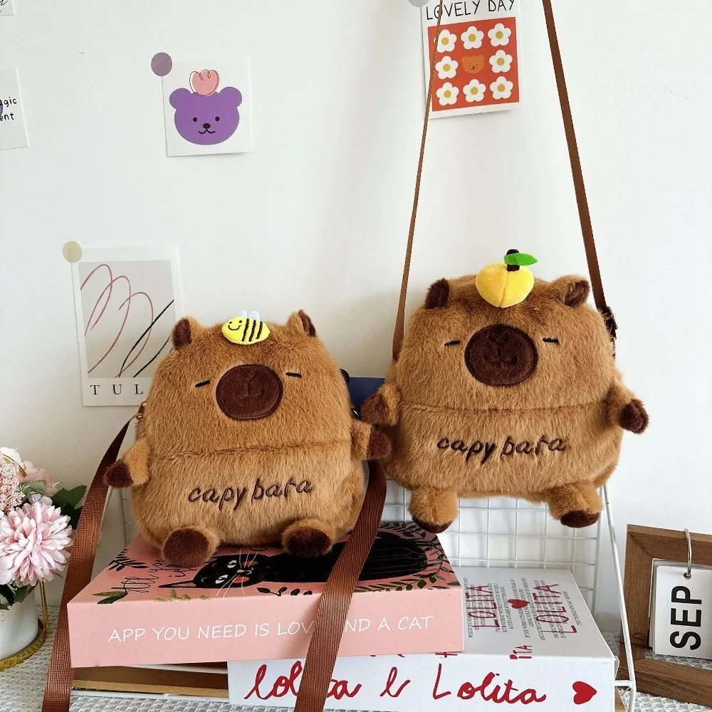 

New Cartoon Capybara Crossbody Phone Bag Large Capacity Zipper Shoulder Bag Plush with Adjustable Strap Kids Storage Bag