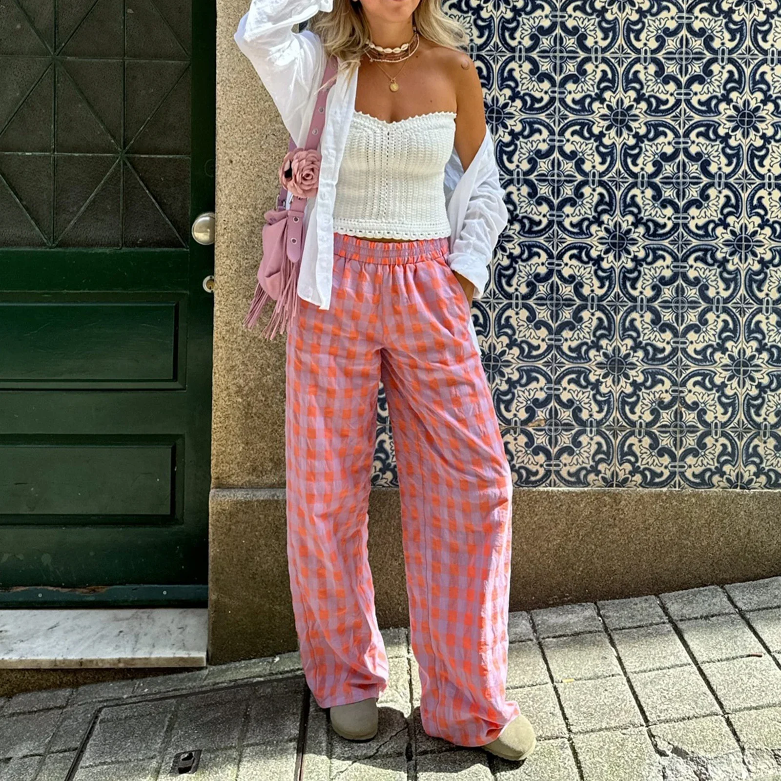 Thorn Tree Women Vintage y2k Wide Leg Pants Y2k  Plaid Printed Loose Trousers Summer Boho Palazzo Pants 2000s Grunge Clothing