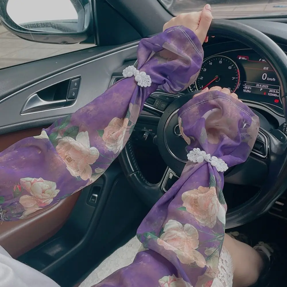 

Chinese Style Buckle Printed Ice Silk Sleeves Flower Anti-UV Chiffon Sunscreen Sleeve Long-sleeved Glove UV Insulation