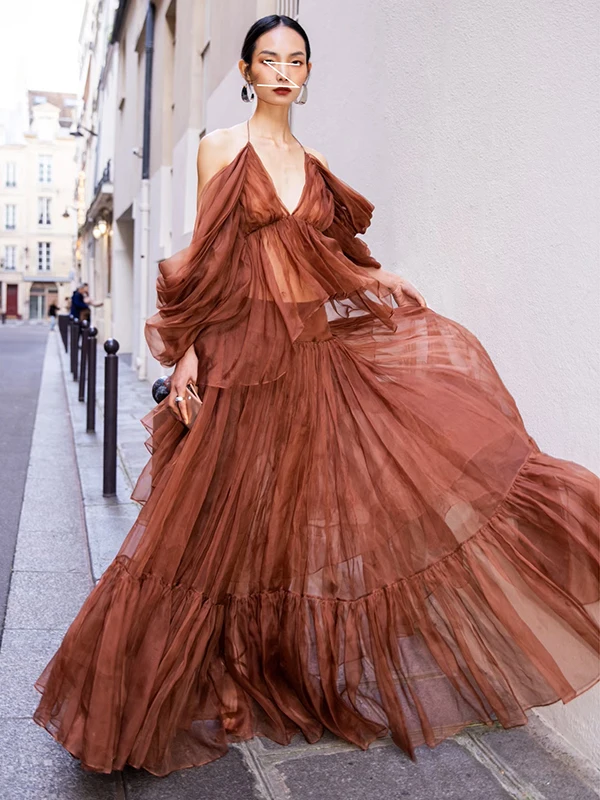 

Sexy Deep V Ne Bal Lantern Sve ter Skirt Long Set Women's Faion Loose Fit Lantern Sve Gown V Ne Gown