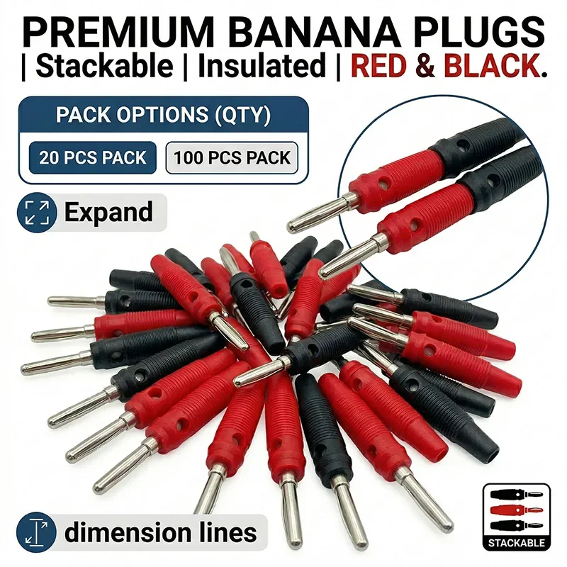 

20/100PCS 4mm Stackable Banana Plug Connectors, Insulated High Current Plugs with Screw Terminal for Speaker,Multimeter and Test