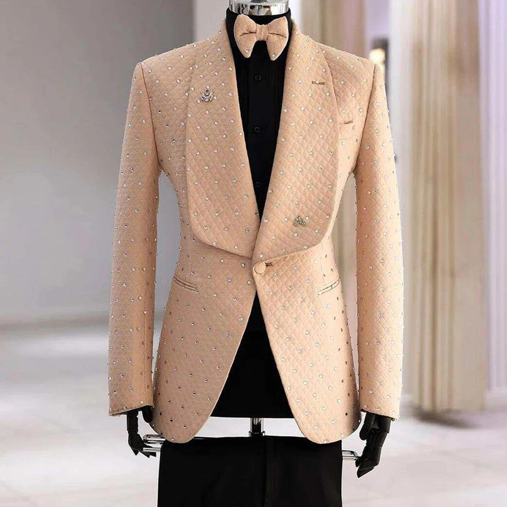 2 Piece Mens Suit Gentlemen Jacket Pants Handmade Diamonds Customized Wedding Party Formal Occasions Groom Tuxedo Tailor-Made