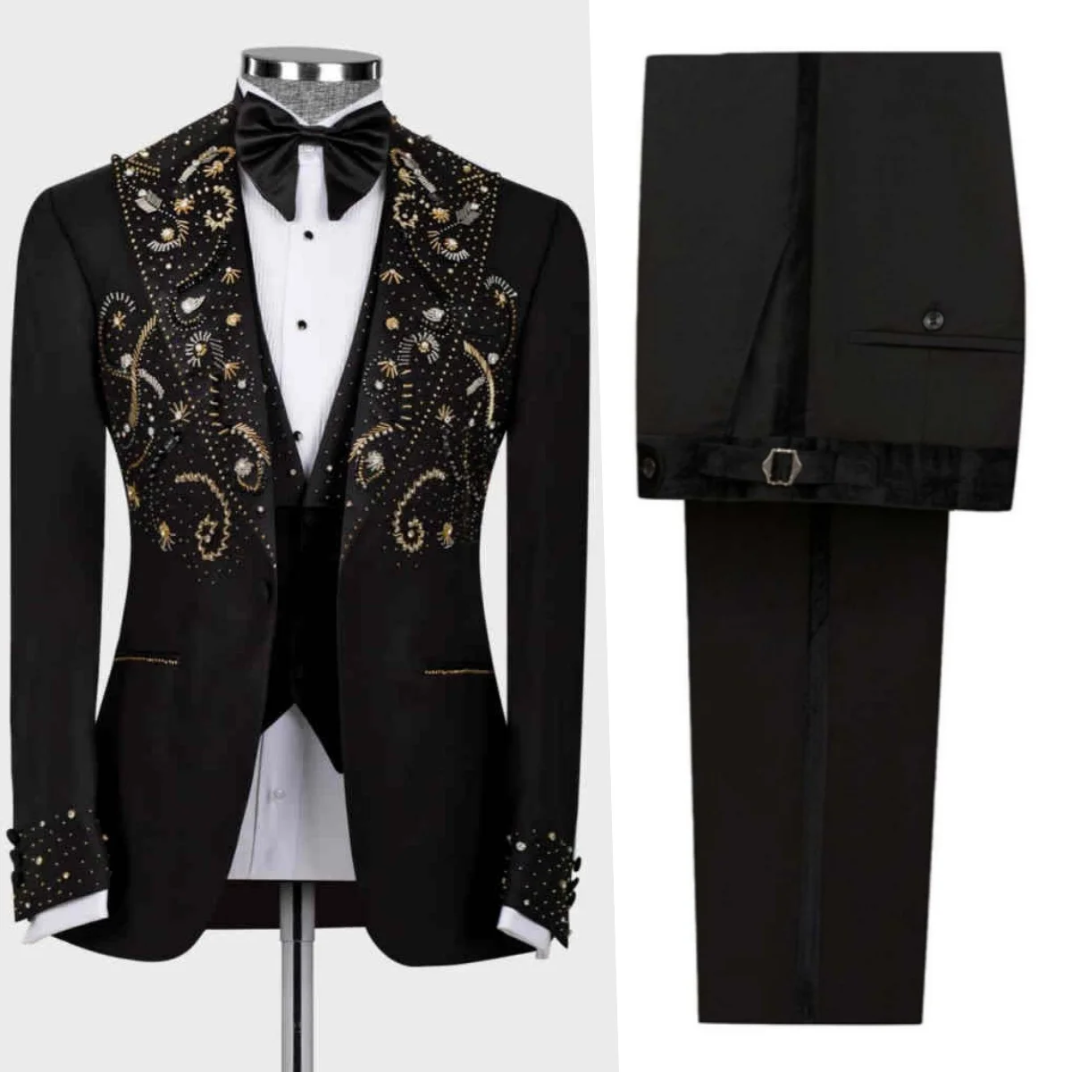 

Glitter Beading Men Wedding Tuxedos Peaked Lapel Single Breasted Pants Sets Classic Fit Crystals 2 Pieces Customized
