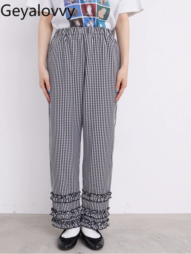 

Fashion Versatile Loose Elastic Waist Plaid Trousers Spring and Summer Casual Pants for Lady Japanese Style 2025 New