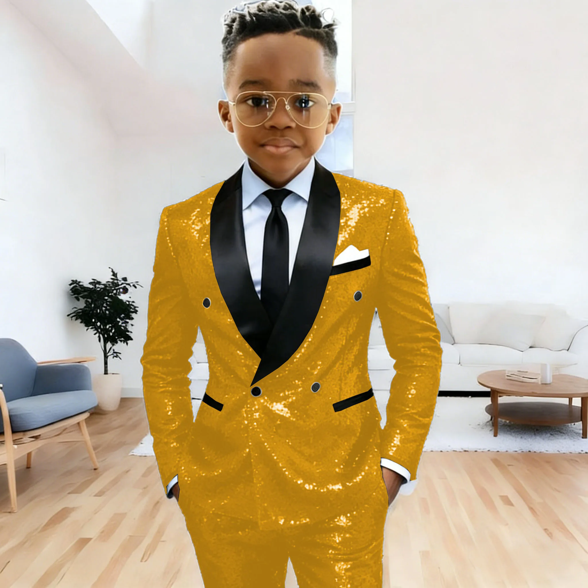 Black Sequin Double Breasted Formal Boys Suit Set Shawl Lapel Wedding Birthday Party Tuxedo Costume Kids Blazer Pants Clothes