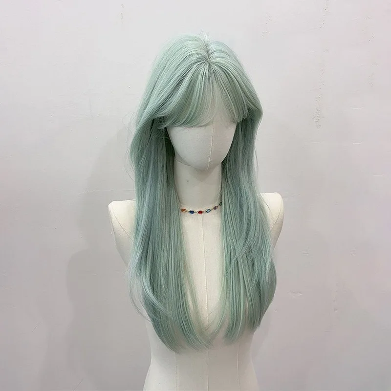Hortelã verde peruca feminina divisão octogonal franja longo cabelo reto simulação natural peruca diária festa lolita cosplay peruca