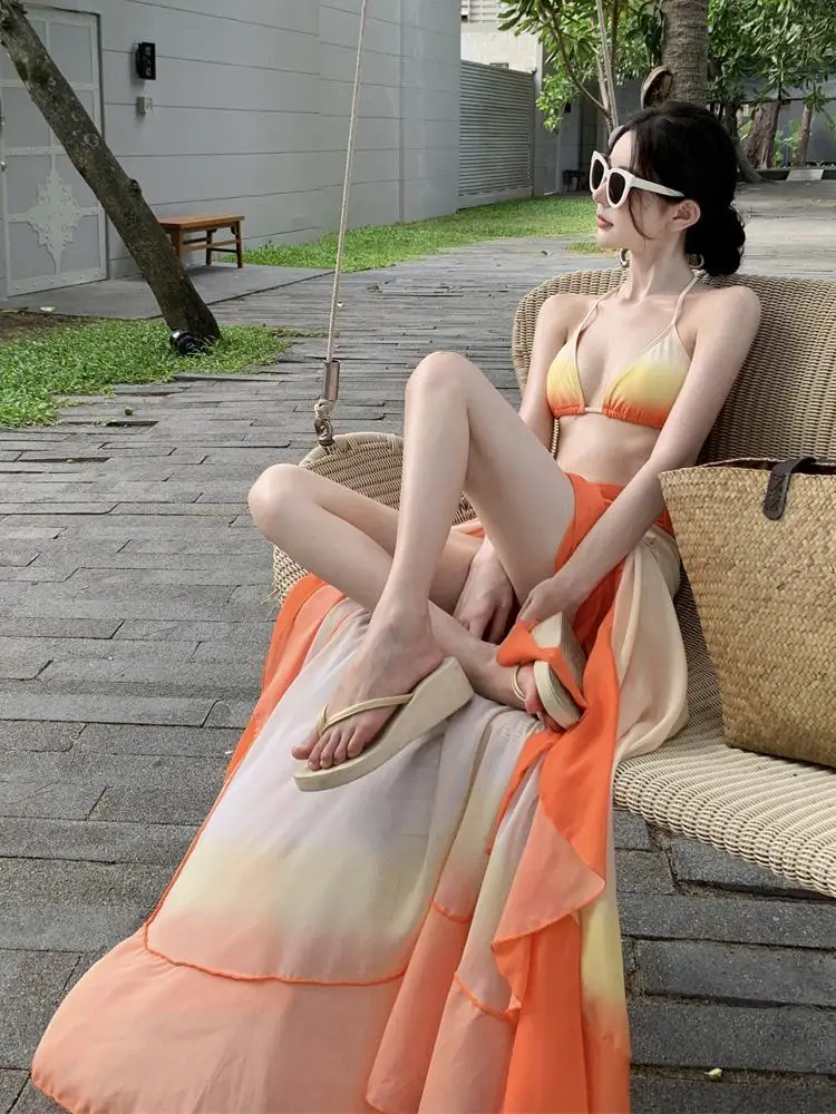 Swimsuit Women Summer Orange Gradient Halter Lace-up Bikini And Bandage Split Long Skirt Three Piece Set Sexy Beach Vacation New