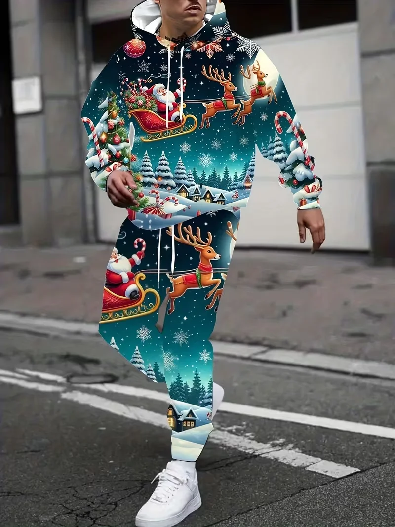 

2026 Рождественский комплект из двух предметов с капюшоном и брюками Санта-Клаус, комплект с 3d принтом для мужчин и женщин, модная толстовка с капюшоном + брюки, комплект, рождественские подарки, спортивный костюм