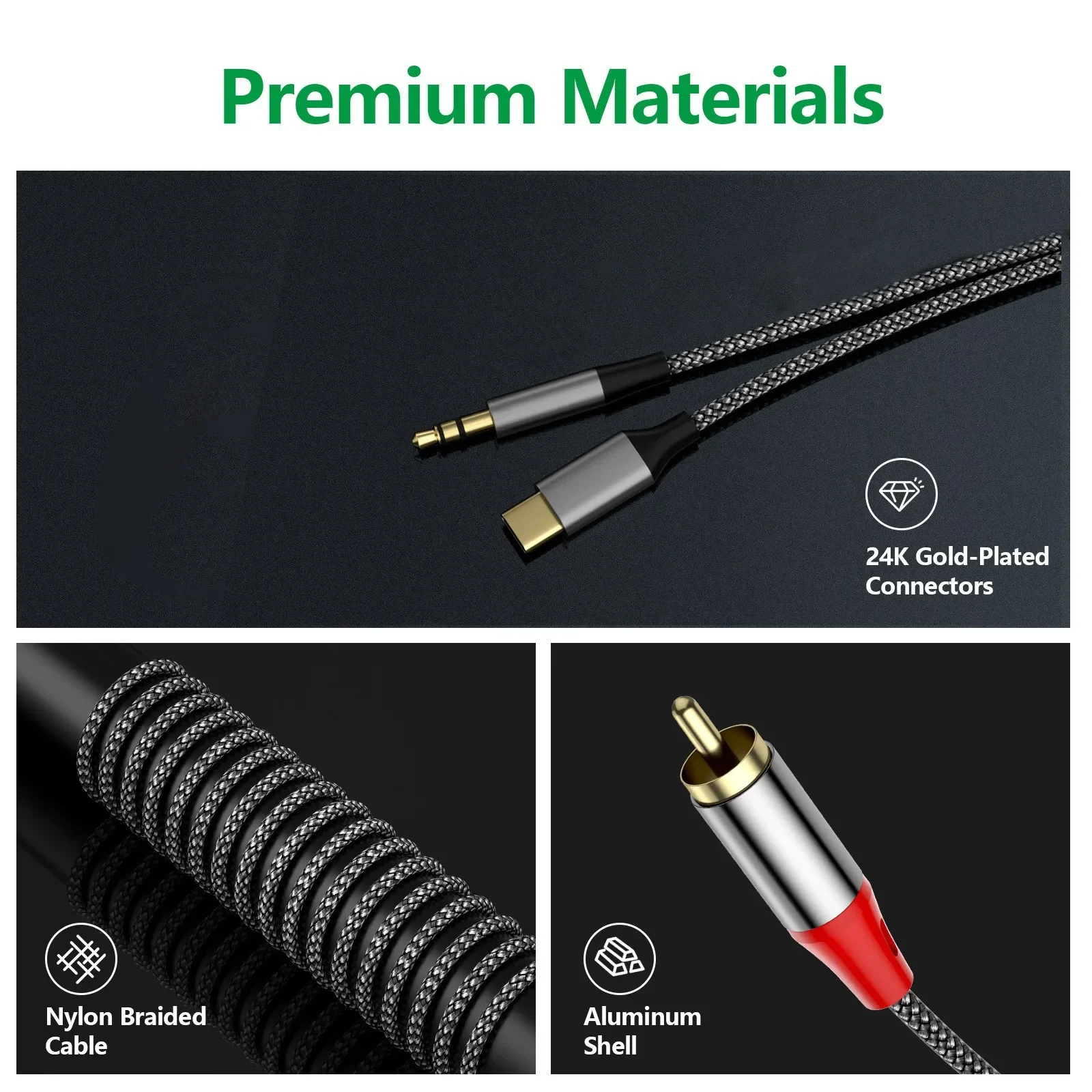 Audio Cable Split 1 to 2 Type-C 3.5mm to 2 RCA Dual Plug Phone Connection Cable for Speakers and Subwoofer