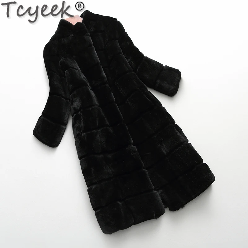 

Tcyeek Real Rex Rabbit Fur Coat Women Mid-length Real Fur Jackets Woman Clothes 2023 Stand Collar Whole Fur Winter Jacket Black