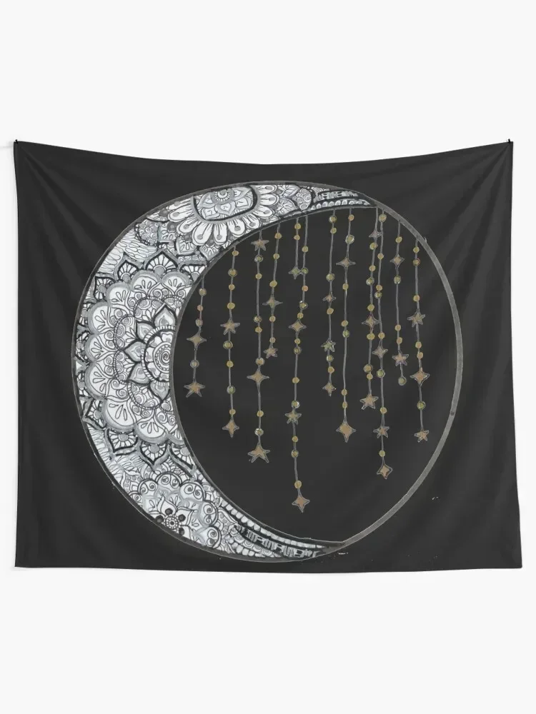 Star Strung Moon: glimmer (black backround) Tapestry Wallpapers Home Decor Mushroom House Decoration Tapestry