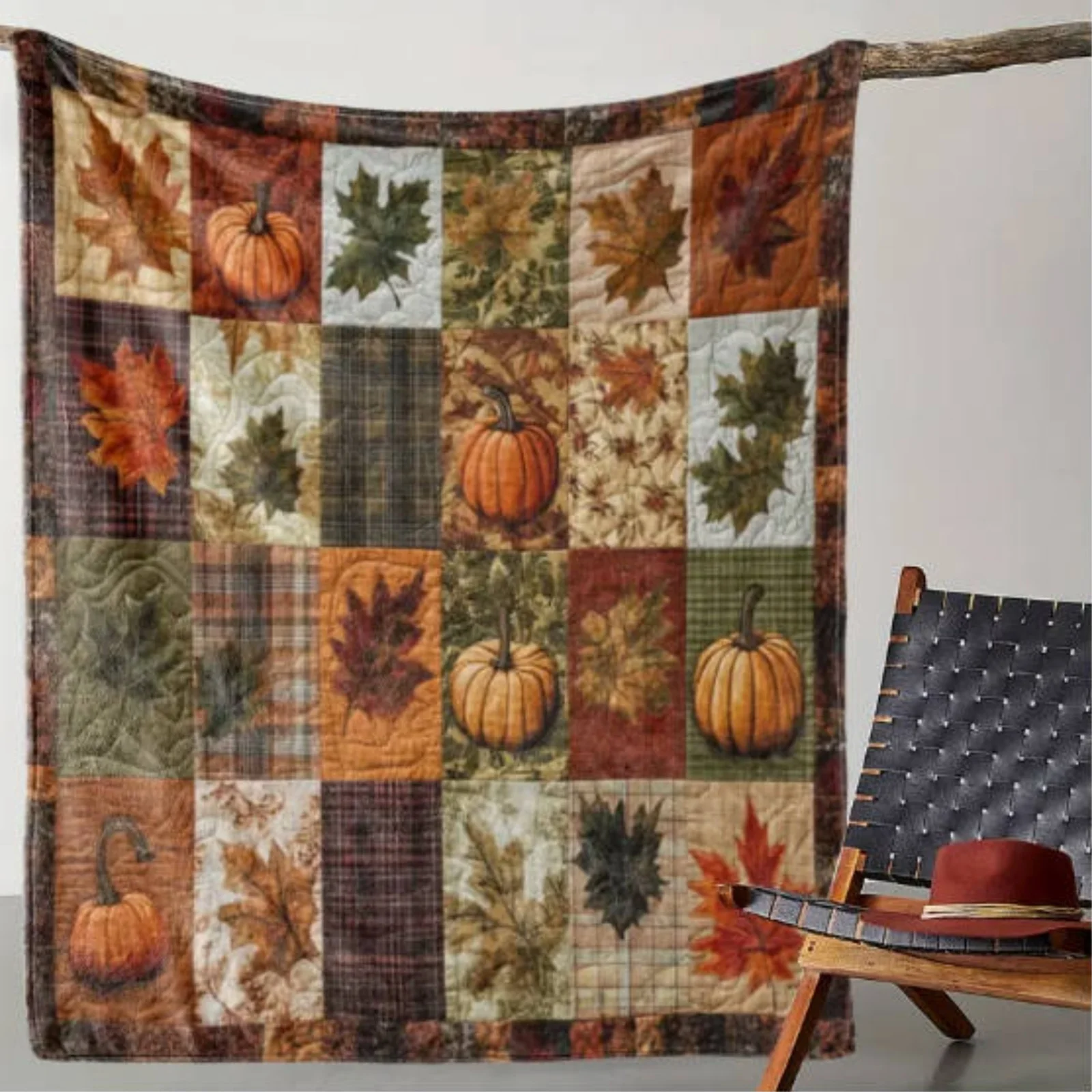 1pc Ultra-Warm Soft Flannel Blanket, Autumn Brown/Orange/Beige/Black/White/Gray Patchwork Plaid Maple Leaf and Gourd Pattern, Su