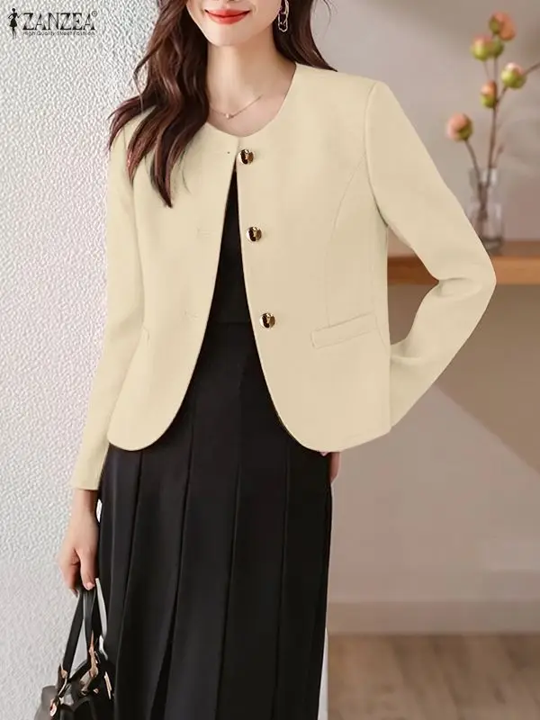 

ZANZEA Fall 2025 Lightweight Casual Blazer Woman O-Neck Long Sleeve Button Up Solid Color Suit Jackets Office Lady Outerwear 3XL