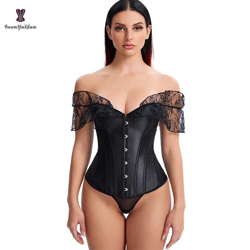 Plus Size S-6XL Front 6 Busk Closure Chest Binder Bustier Black White Satin Overbust Corset For Women With Lace Sleeves