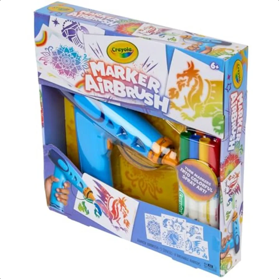 Marker Airbrush Spray Art Kit Batteriebetriebenes Sprühgerät mit 8 waschbaren Markern 5 Schablonen Feiertags-DIY-Bastelset ab 6 Jahren