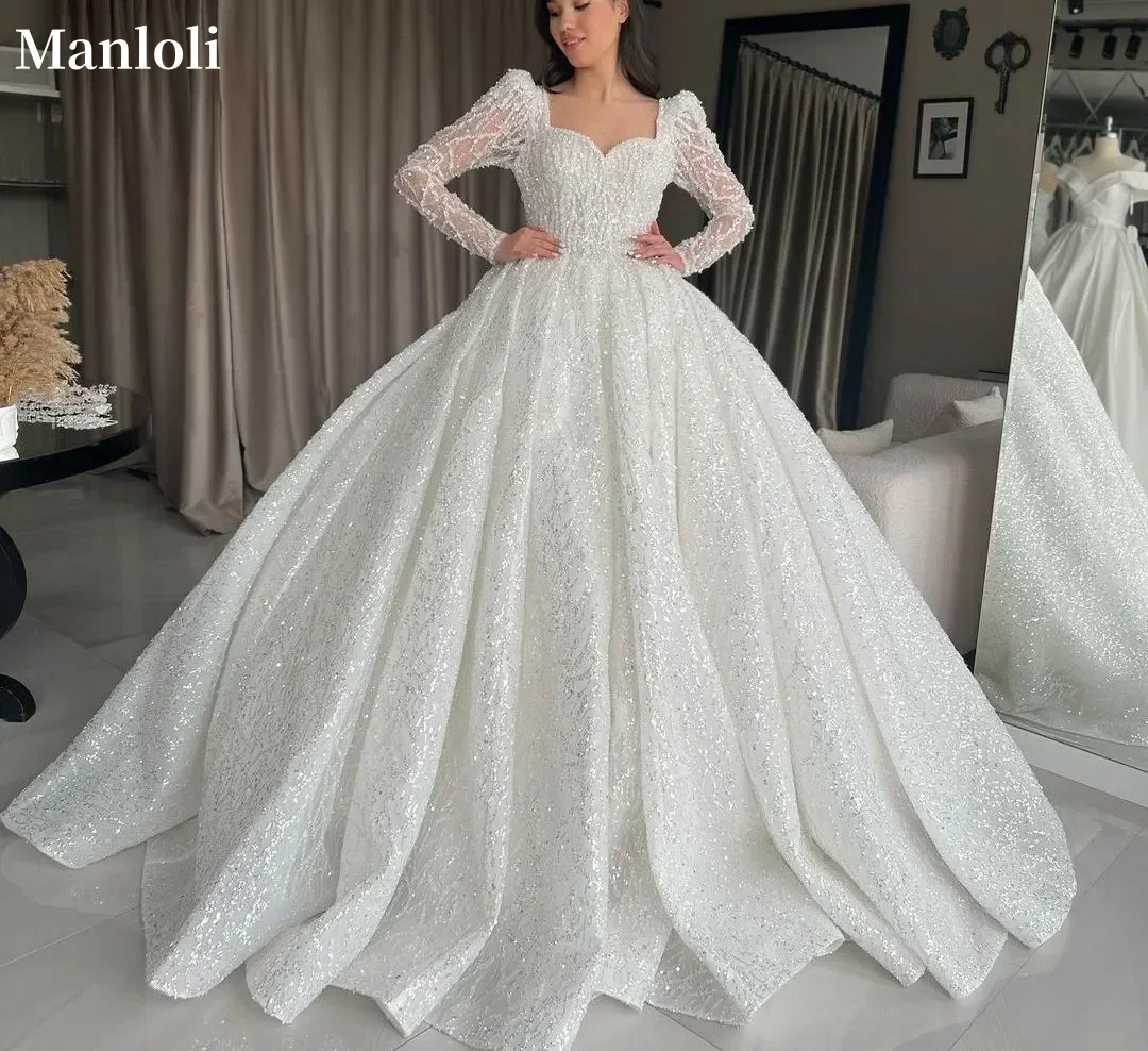 

Luxury Sparkling Bridal Ball Dress Sweetheart Long Sleeve Beaded A-line Princess Wedding Dress Lace Decal Bridal Dress Customize