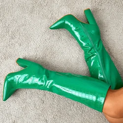 Liyke Sexy Green Snake Print Leather Knee High Boots Women Square Heels Winter Long Shoes Pointed Toe Zip Cool Knight Bootties