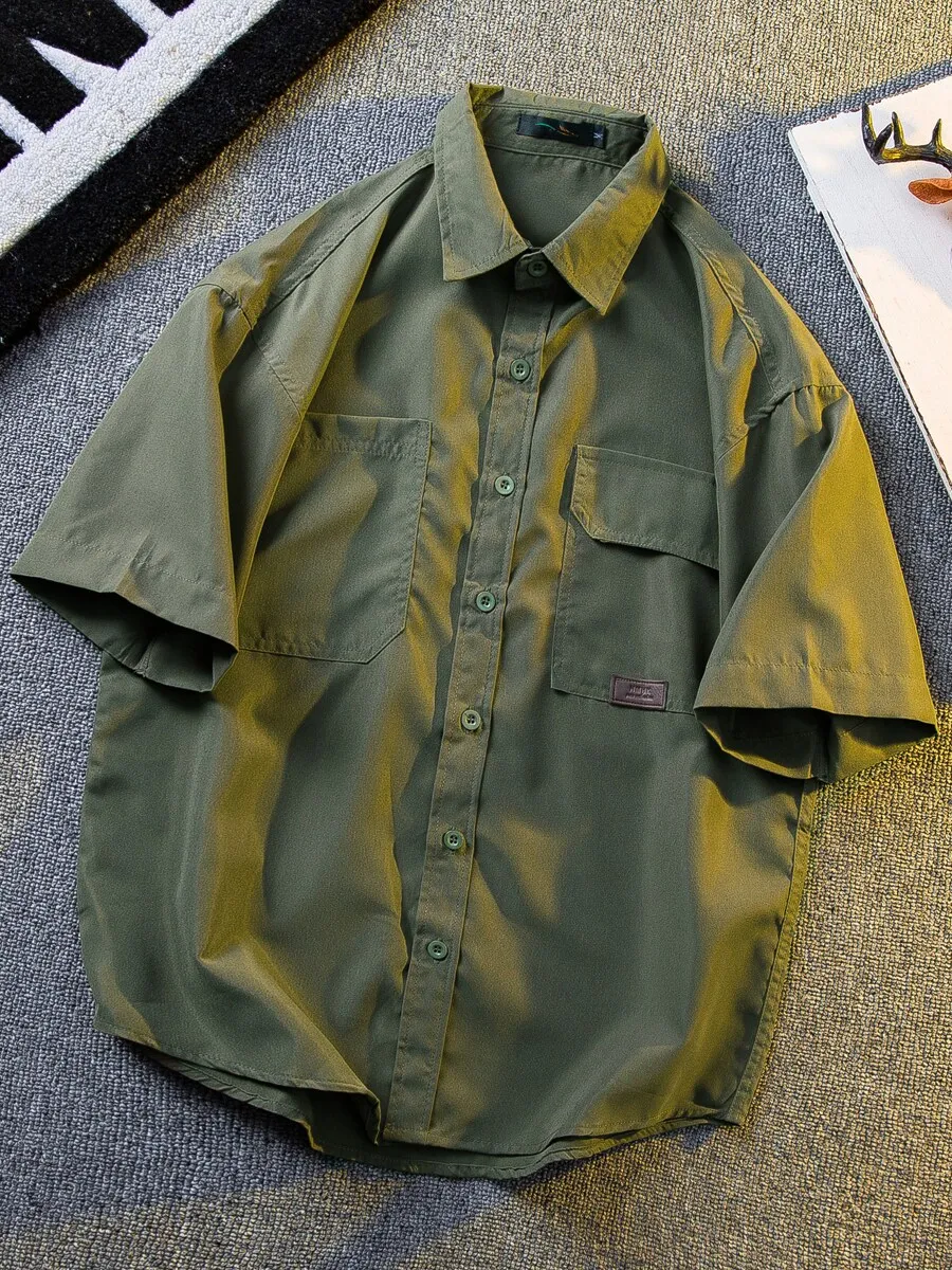 

Retro Solid Turn-down Collar Cargo Shirt for Men Summer Thin Loose Casual Short Sleeve Shirt Cool Daily Outdoor Half Sleeve Top