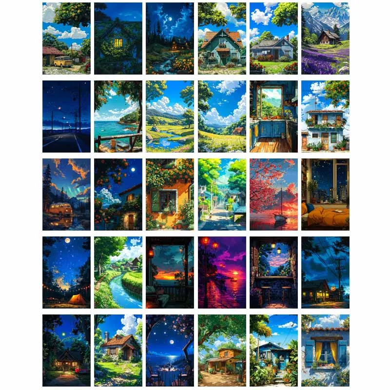 

30Pcs Wall Poster Green Cartoon Scenery Collage Kit Card Set Home Decor Art Print Dorm Bedroom Decoration Painting Teens Gifts