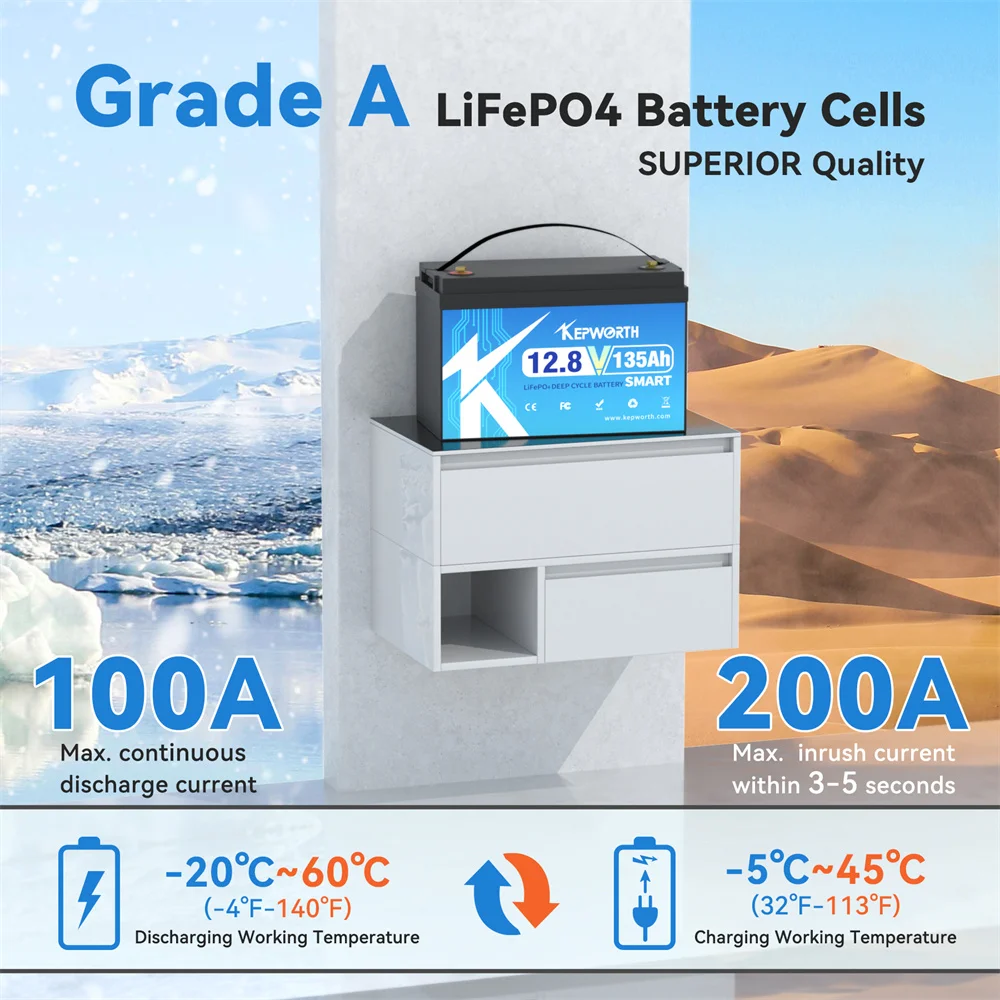 بطارية KEPWORTH 12V 135Ah LiFePO4 مع 100A Bluetooth BMS وحماية منخفضة الحرارة لقارب RV الشمسي #5