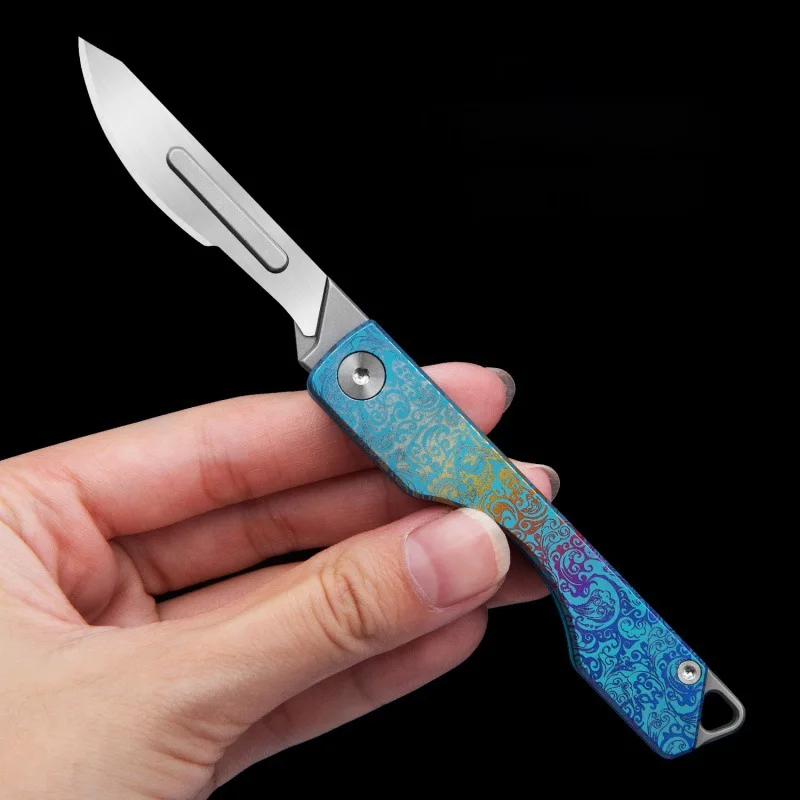 Colorful Titanium Alloy Folding Knife Can Replace Blades Scalpel Outdoor Survival Camping EDC Tool Keychain Pocket Knife Gift