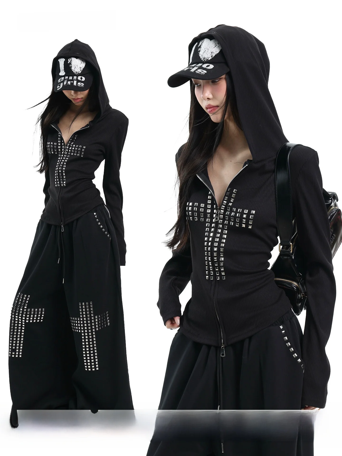 

UNCMHISEX k Sle Женская толстовка с капюшоном на молнии, с заклепками, приталенного кроя, с длинными рукавами, в уличном стиле, повседневная, модная