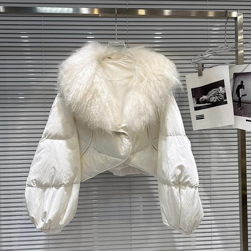 

Зимняя мода, хлопковый пуховик с воротником из овечьей шерсти, женская короткая куртка-пуховик на белом утином пуху, верхняя одежда, женские свободные теплые куртки на пуговицах