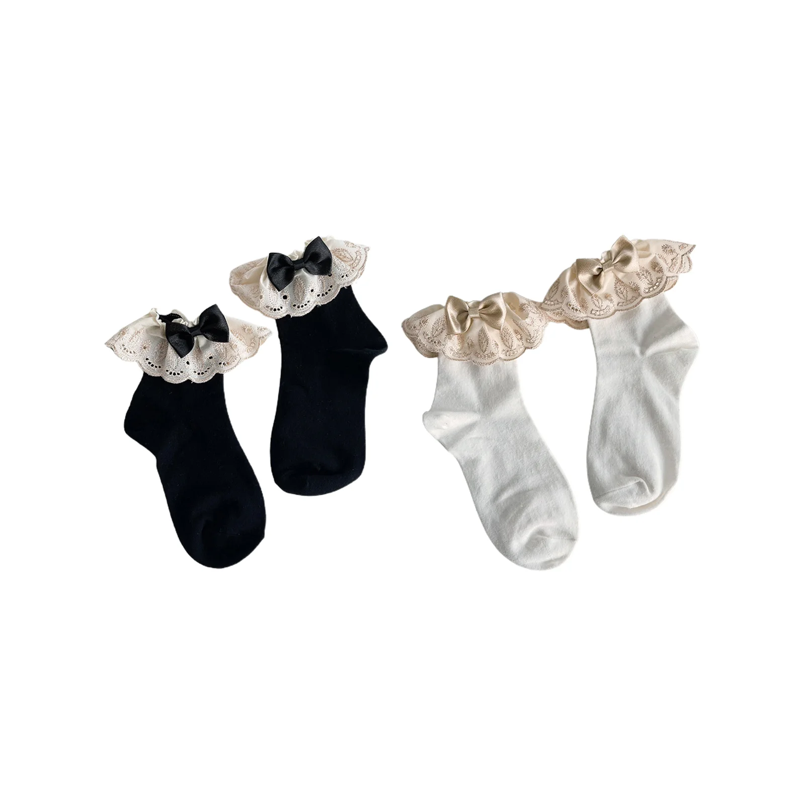 

Palace style Lolita girl gold embroidered hollow lace cotton socks, 1 pair each in black and white