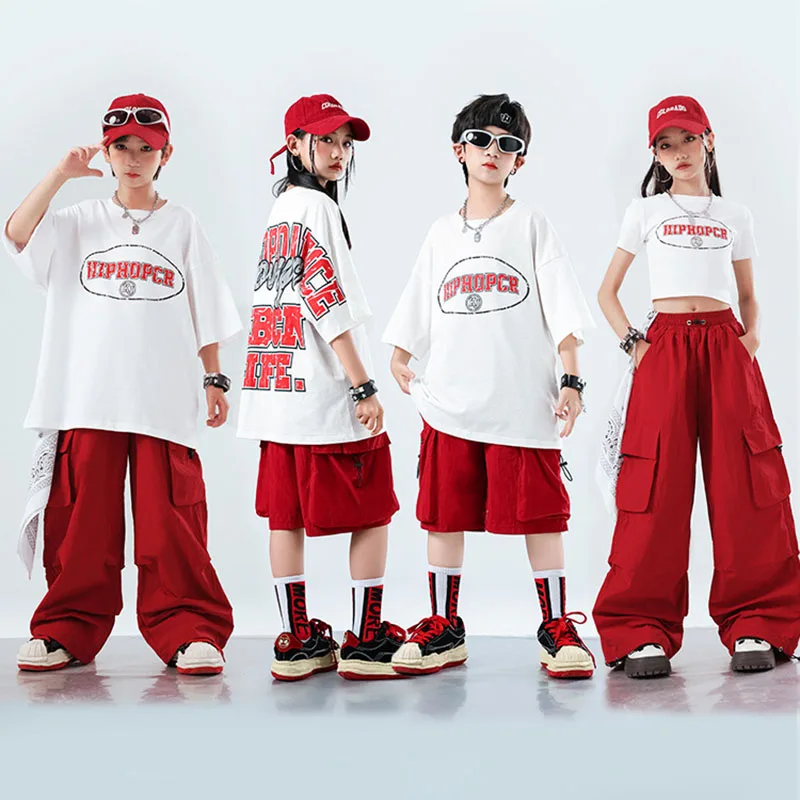 

Kid Kpop Hip Hop Clothing White Letter Crop Top T Shirt Red Casual Parachute Cargo Pants for Girl Boy Jazz Dance Costume Clothes