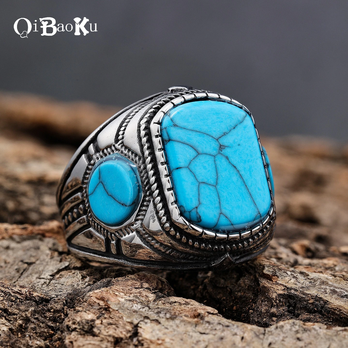 

New Personalized Stainless Steel Ring for Man Fashionable Retro Natural Turquoise Ring Punk Style Gemstone Ring Gifts