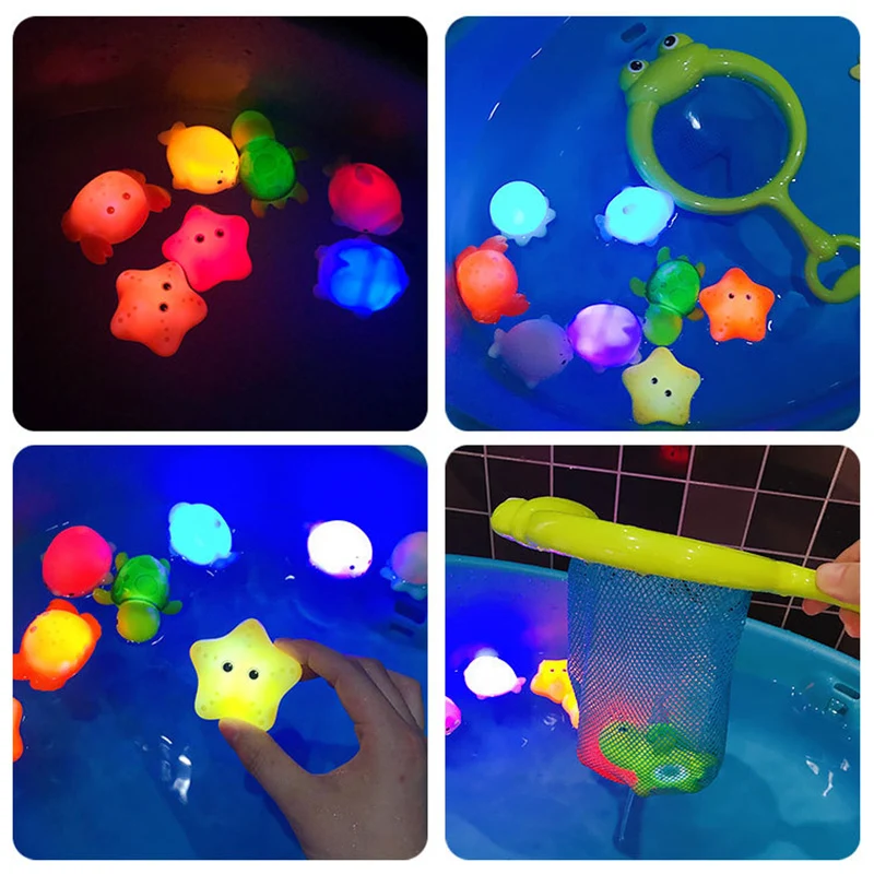 Giocattoli da bagno per bambini simpatici animali galleggianti luminosi che nuotano luce d'acqua gioca divertente bagno vasca da bagno rete da pesca giocattolo per regalo per bambini