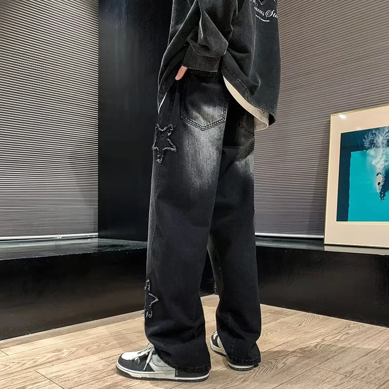 Neue Herren Star bestickte Mode Baggy Jeans Y2K Street Hip Hop Oversize gerade lose Denim Hose weites Bein Hose