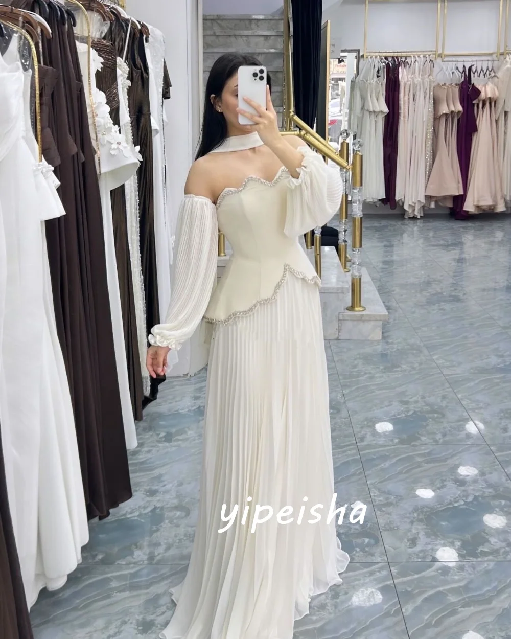 

Customized Beige Modest Jersey Draped Pleat Rhinestone Shawl A-line Off-the-shoulder Floor-Length Evening Dresses for Woman