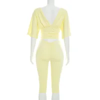 STYLISH LADY Y2K Solid Color Two Piece Set Batwing Sleeve Ruched Top Capri Pants 2026 Women Bodycon Vacation Party Outfits - Image 6