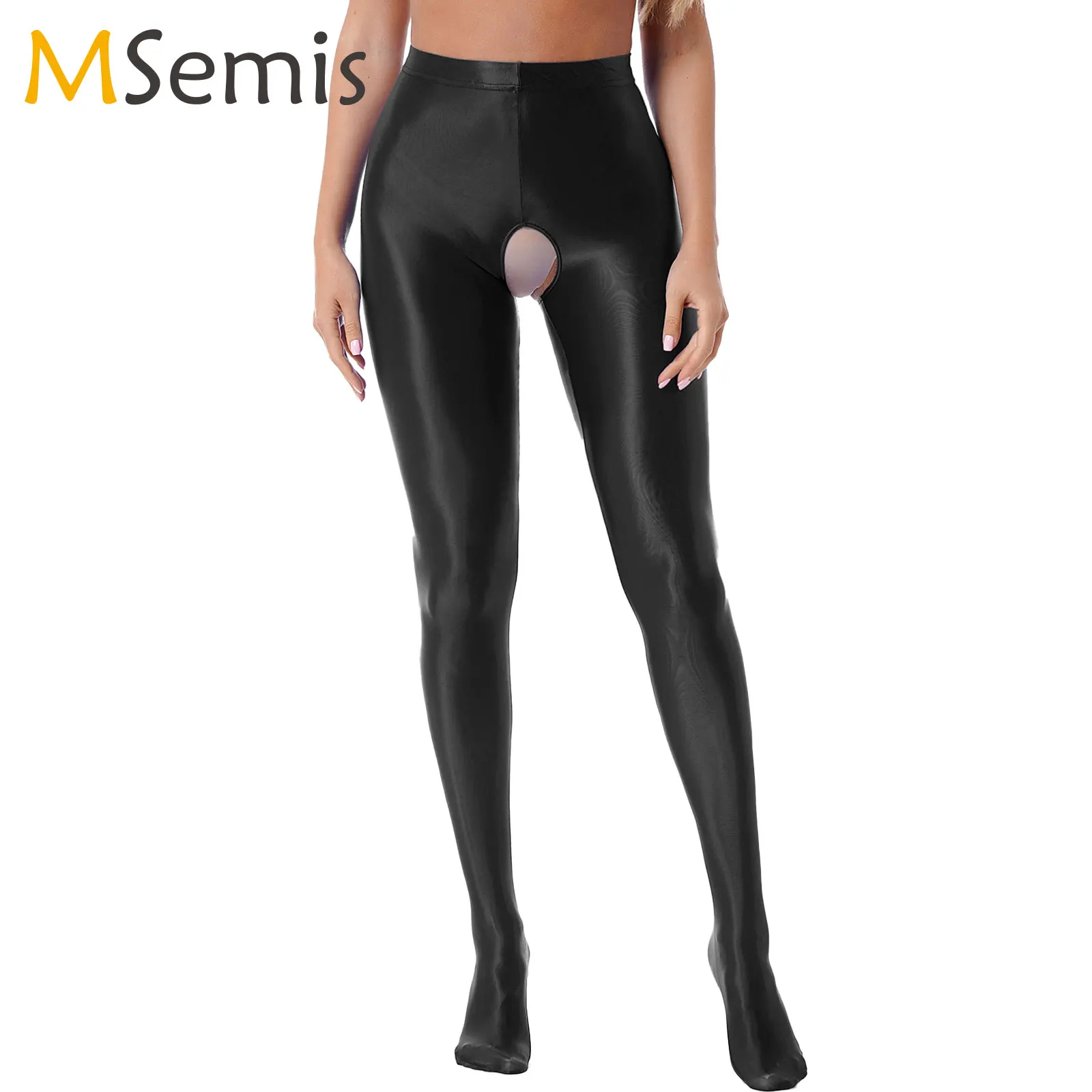 

Womens Glossy Crotchless Pantyhose Sexy High Waist Oily Shiny Tights Leggings Pants Open Crotch Tights Stockings Pole Dancewear