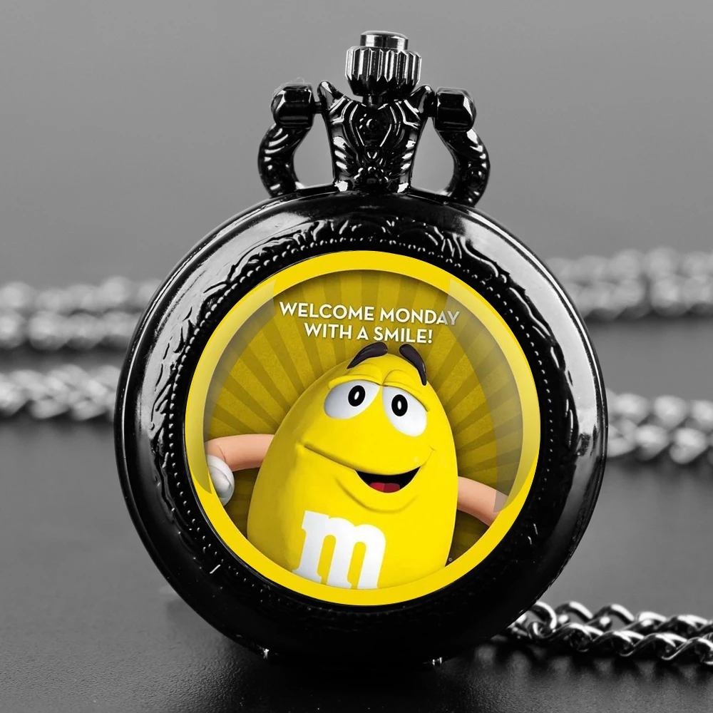 M&M's Chocolate Bean Glass Dome Vintage Arabic Numerals Quartz Pocket Watch Necklace Pendant Clock Chain Men Women for Kids