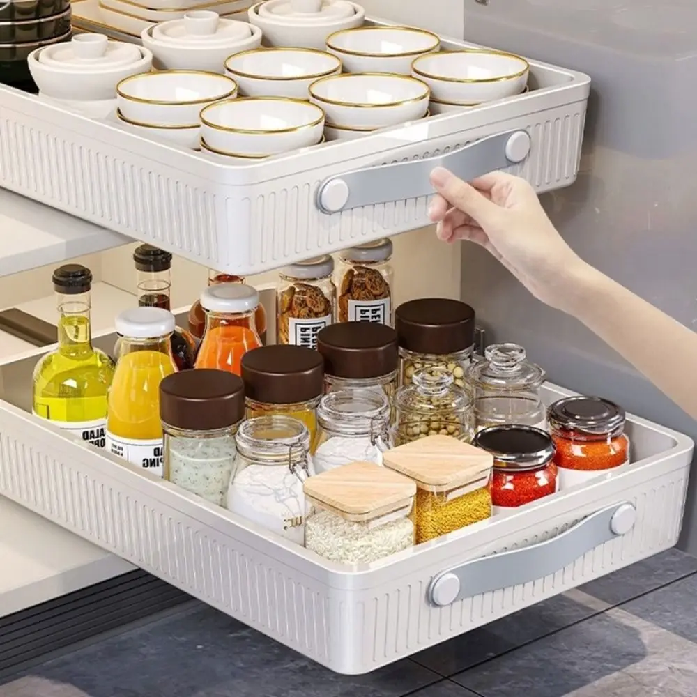 Tiroir de cuisine en plastique, support de rangement de grande capacité, pots à épices antidérapants, support de rangement avec Rails coulissants avec poignée