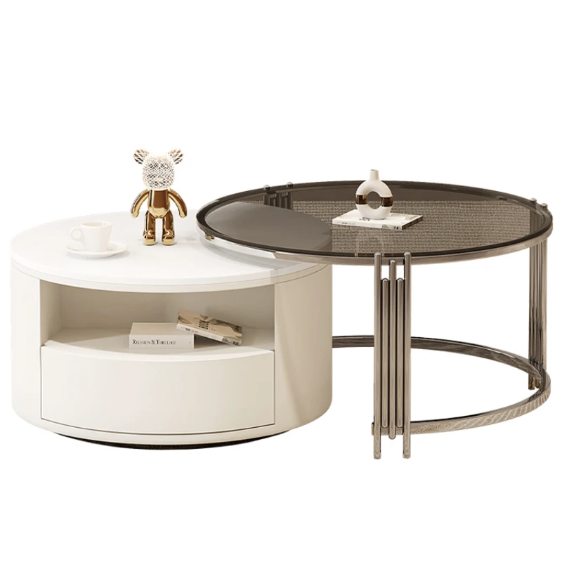 

HXL Stone Plate Coffee Table Combination Living Room Stainless Steel Simple round Nordic Cream Style