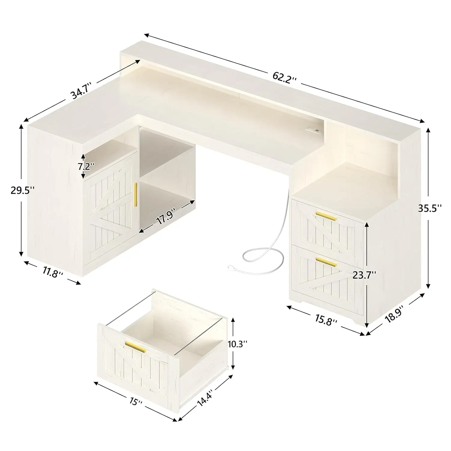 Farmhouse L Shaped Desk with Drawers, 62.2" Home Office Desk with Storage Shelves and Power Outlet, L Shaped, Customized