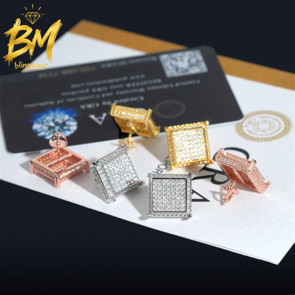 Blingminer Big Square Shape VVS Moissanite Earrings For Men Women S925 Silver Ear Studs Pass Diamonds Tester GRA Free Shipping