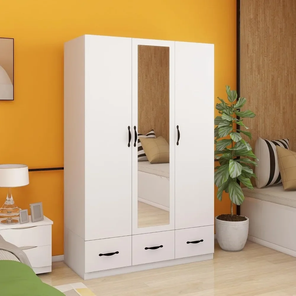 3 Door Wardrobe Closet with Mirror, Wooden 3 Drawers Armoire Wardrobe Closet for High Storage Capacit