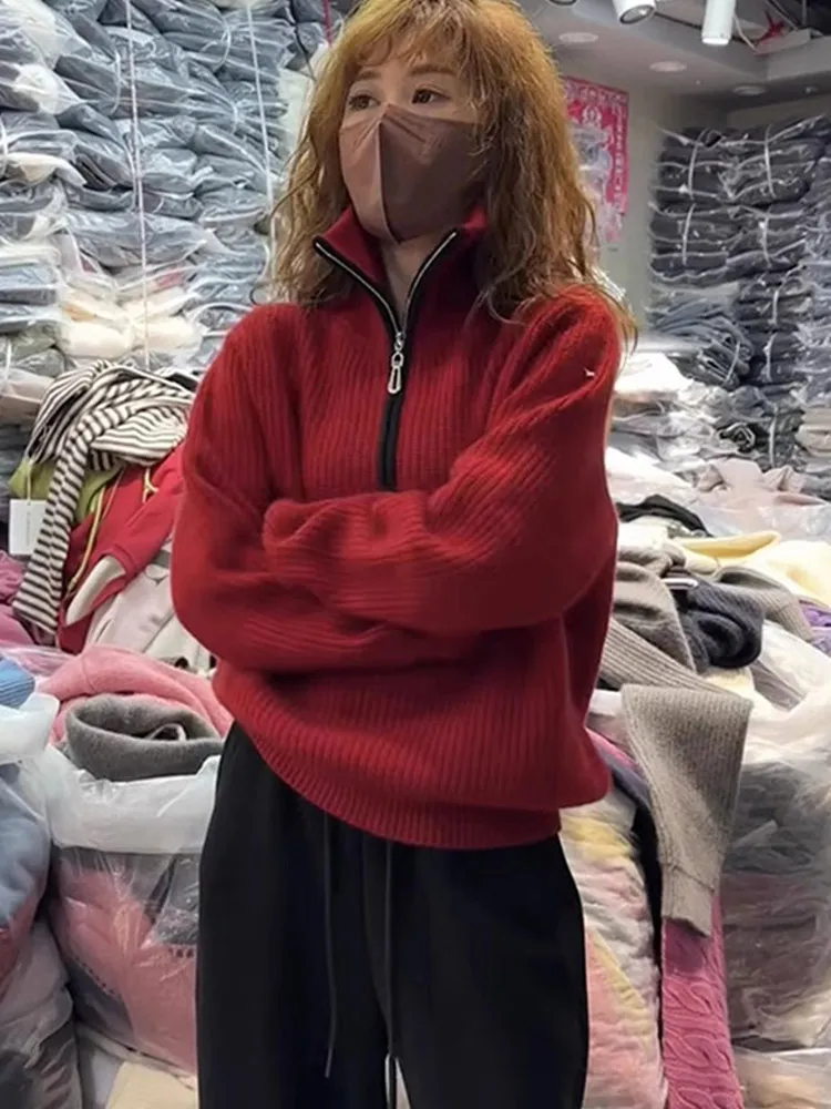 Maglione chic color blo con zip f Felpa con cappuccio lunga Sve Felpa coreana da donna Faion lavorata a maglia Top Sli Pendolarismo Vento