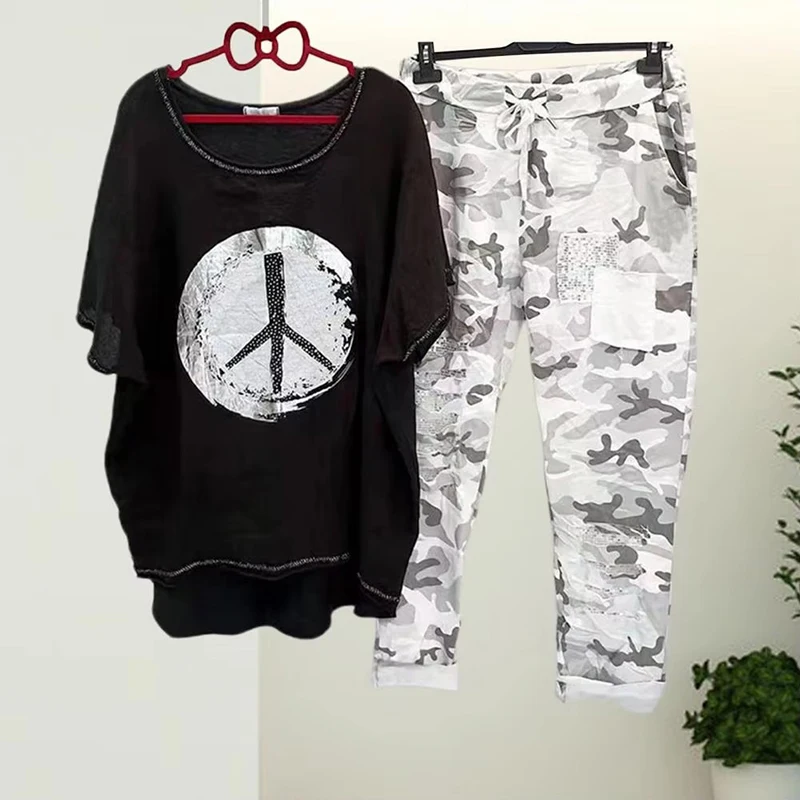 Fashion Print Two Piece Set For Women Fashion Trend Chic Irregular Hem Top Drawstring Camouflage Pants Tracksuit Casual Suits